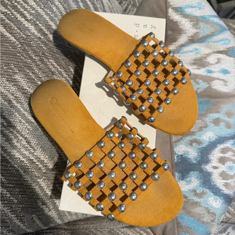 Studded Woven Slide Sandals - Mustard Yellow 9